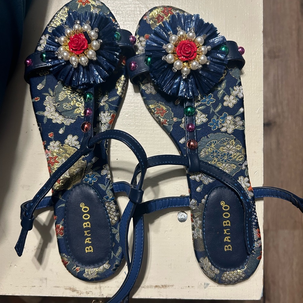 Bamboo Floral Sandals with Embellishments